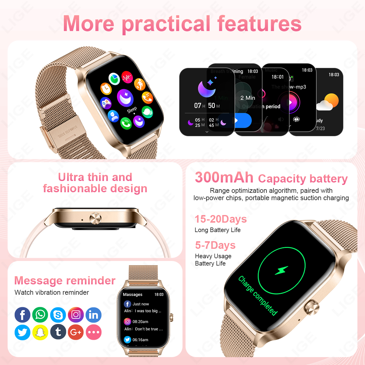 LIGE Fashion Smart Watch Women - Smartwatch Watches With Bluetooth บทวิจารณ์และราคา